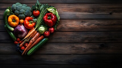 Heart-shaped arrangement of fresh vegetables on a wooden surface. Healthy eating, love for food, or organic lifestyle concept.