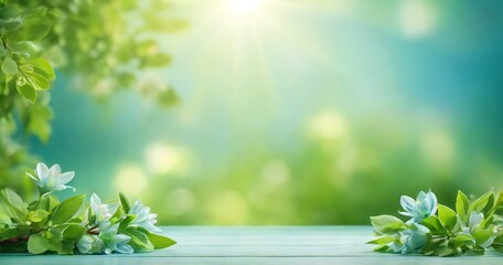 Wall Mural - Light green, blue spring background with sun shine and blurry li