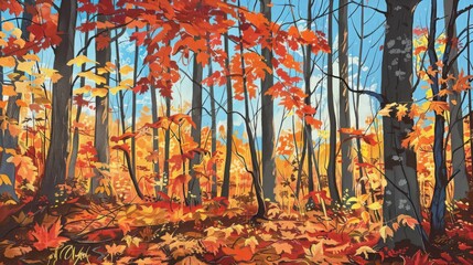 Wall Mural - The forest is ablaze with fall foliage, featuring a vibrant tapestry of red, orange, and gold leaves against a backdrop of crisp blue skies and gentle sunlight