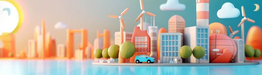 3D Toy Cityscape with Wind Turbines and Blue Car