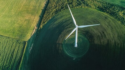 A wind turbine spinning in a field of green, representing clean energy and a sustainable future.