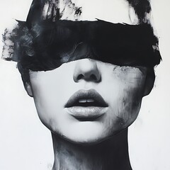 Wall Mural - Black and White Portrait of a Woman's Face with Abstract Elements.