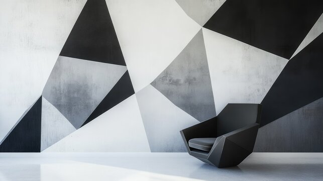 A minimalist geometric wall mural with black, white, and gray triangles in different sizes, creating depth and movement