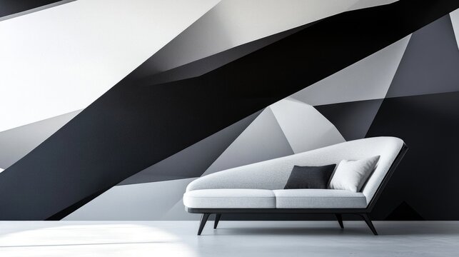 A minimalist geometric wall mural with black, white, and gray triangles in different sizes, creating depth and movement