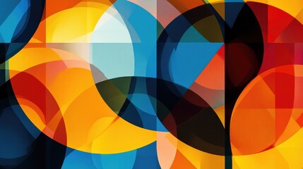 Poster - abstract geometric background with overlapping circles and squares in bold primary colors, creating 