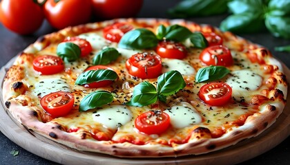 Wall Mural - mouthwatering pizza topped with fresh tomatoes, melted cheese, and aromatic basil