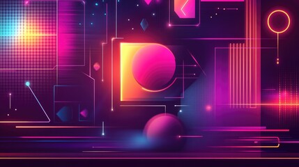 Poster - Bold geometric shapes in neon colors on a dark background, representing futuristic and digital themes