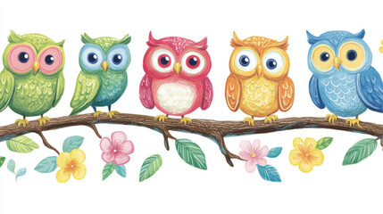 Canvas Print - Colorful Owls on Branch.