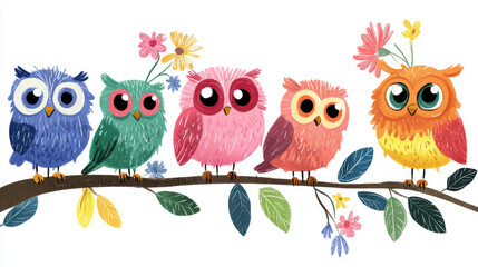 Wall Mural - Colorful Owls on Branch.