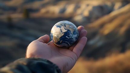 Hand Holding a Miniature Earth: A hand holding a small, miniature Earth, with a blurred background of a vast landscape, emphasizing the fragility of the planet. 
