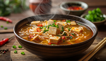  Chinese noodle soup, with vibrant vegetables, thin noodles, tofu, and slices of meat in a flavorful broth