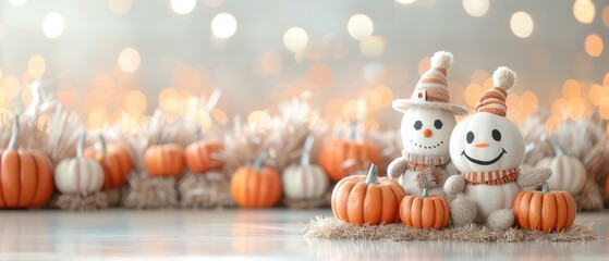 Charming winter-themed decorations, two stuffed snowmen wearing hats and scarves, surrounded by small pumpkins and softly glowing lights, creating a festive atmosphere