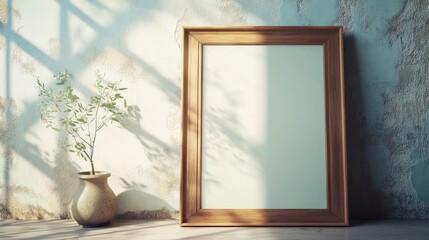 Elegant wooden picture frame with matte glass, leaning against a textured wall with natural light from a window