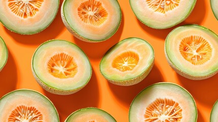 Wall Mural - Seamless pattern of fresh cantaloupe slices on an orange background. Bright, vibrant, and juicy melon design perfect for summer themes.