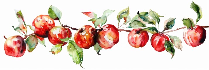 Watercolor painting of a branch of apple fruit with leaf