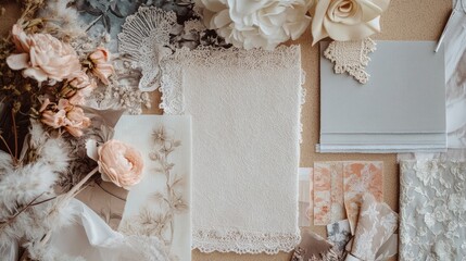 Poster - Feminine style mood board with fabric swatches, delicate lace, and floral patterns pinned on a corkboard