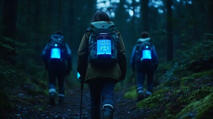 Canvas Print - Three Hikers with Glowing Backpacks Navigate a Dark Forest Path.