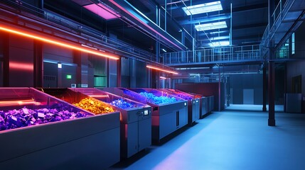 Canvas Print - Neon Lit Industrial Interior with Conveyor Belts and Stacks of Colorful Materials.