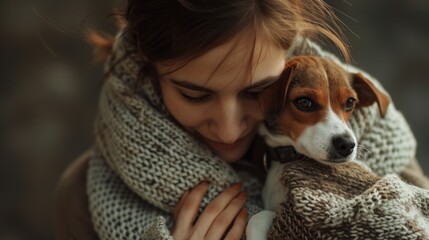 Wall Mural - A woman is holding a small dog in her arms