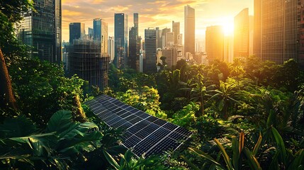 Solar Panels Surrounded by Lush Greenery in a Modern City.