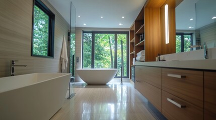 Modern bathroom with clean lines, a freestanding tub, and contemporary fixtures, exuding luxury and elegance