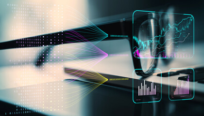 Poster - Complex data visualization of financial graphs and binary codes on a desk with glasses and keyboard in the background.