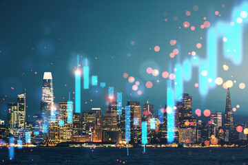 Poster - Double exposure of city skyline with rising bar chart against a twilight sky.