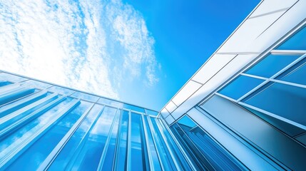 Poster - Modern geometric architecture detail with sharp angles and overlapping structures, bright sky in background