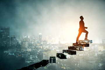 Poster - Businessman climbing steps towards success against urban skyline backdrop at night.