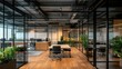 © pinporn manosri - Modern open-plan office with collaborative workspaces, glass partitions, and plants, promoting a productive atmosphere