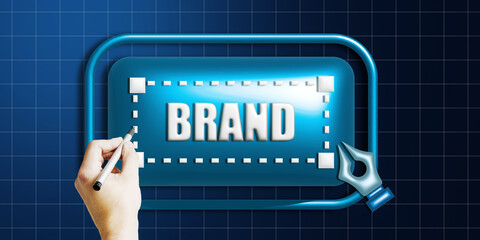 Poster - Digital branding design concept showing a hand working on a tablet with BRAND text on a blue grid background.