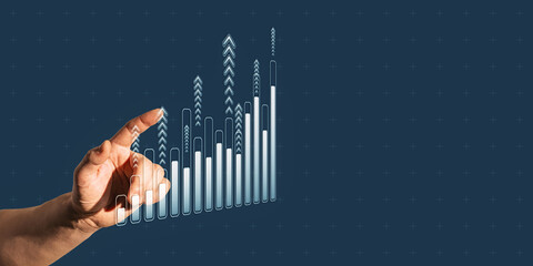 Poster - Hand interacting with upward-trending bar chart on digital screen background.