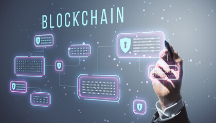 Aufkleber - Hand drawing holographic blockchain elements on a digital interface, illustrating data protection and privacy concepts.
