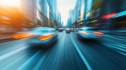 Dynamic scene of blurred lights and vibrant cityscape as cars speed through busy city street at sunset