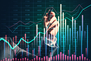 Aufkleber - Hand drawing a financial graph with various data points on digital screen background.