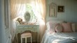 © pinporn manosri - Soft feminine bedroom decor with lace curtains, pastel pillows, and a vintage vanity table bathed in natural light