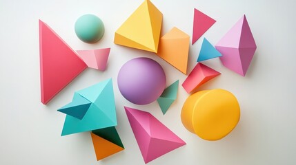 Poster - Top view of geometric shapes made of colored paper, arranged in a random but balanced composition on a white surface