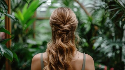 Poster - Woman with a half-up, half-down hairstyle, soft waves cascading down, set in a botanical garden environment
