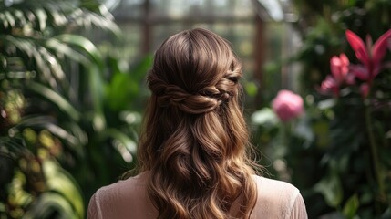 Poster - Woman with a half-up, half-down hairstyle, soft waves cascading down, set in a botanical garden environment