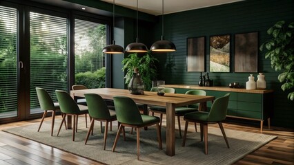 Wall Mural - Interior design of modern dining room, dining table and wooden chairs. 3d rendering
