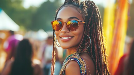 Poster - Young woman with microbraids and beads, enjoying a sunny day at a music festival, vibrant colors in the background