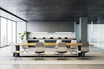 Modern office interior with a large wooden table and white chairs in a sleek, minimalist design. 3D Rendering