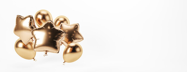 Poster - Golden star-shaped and round balloons on a white background. 3D Rendering