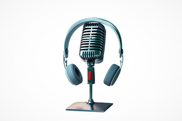 Poster - Retro-style microphone with teal headphones on a white background. Modern, isolated concept of audio equipment and technology. 3D Rendering