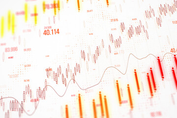 Poster - Financial chart with candlestick patterns and data figures, in red, yellow, and orange, on a white background. Concept of business analysis. 3D Rendering