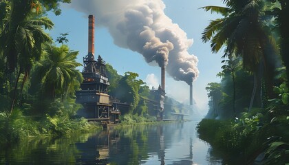 Wall Mural - Industrial Jungle Scene with Canal Construction, Machinery in Action, and Smoke Amidst a Bustling Environment