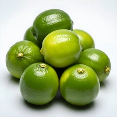 A bunch of bright green limes isolated on a white background.