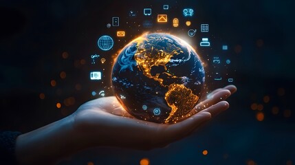 Hand with Earth Surrounded by Technology Icons: A hand holding the Earth, surrounded by floating technology icons, symbolizing the digital world's impact on the planet. 
