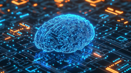 Fototapete - Digital brain made of electric circuits is standing out on a motherboard, symbolizing artificial intelligence
