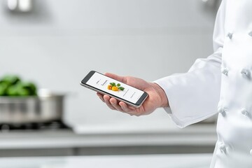 Wall Mural - Chef's hand with a small burn scar holding a smartphone displaying a recipe